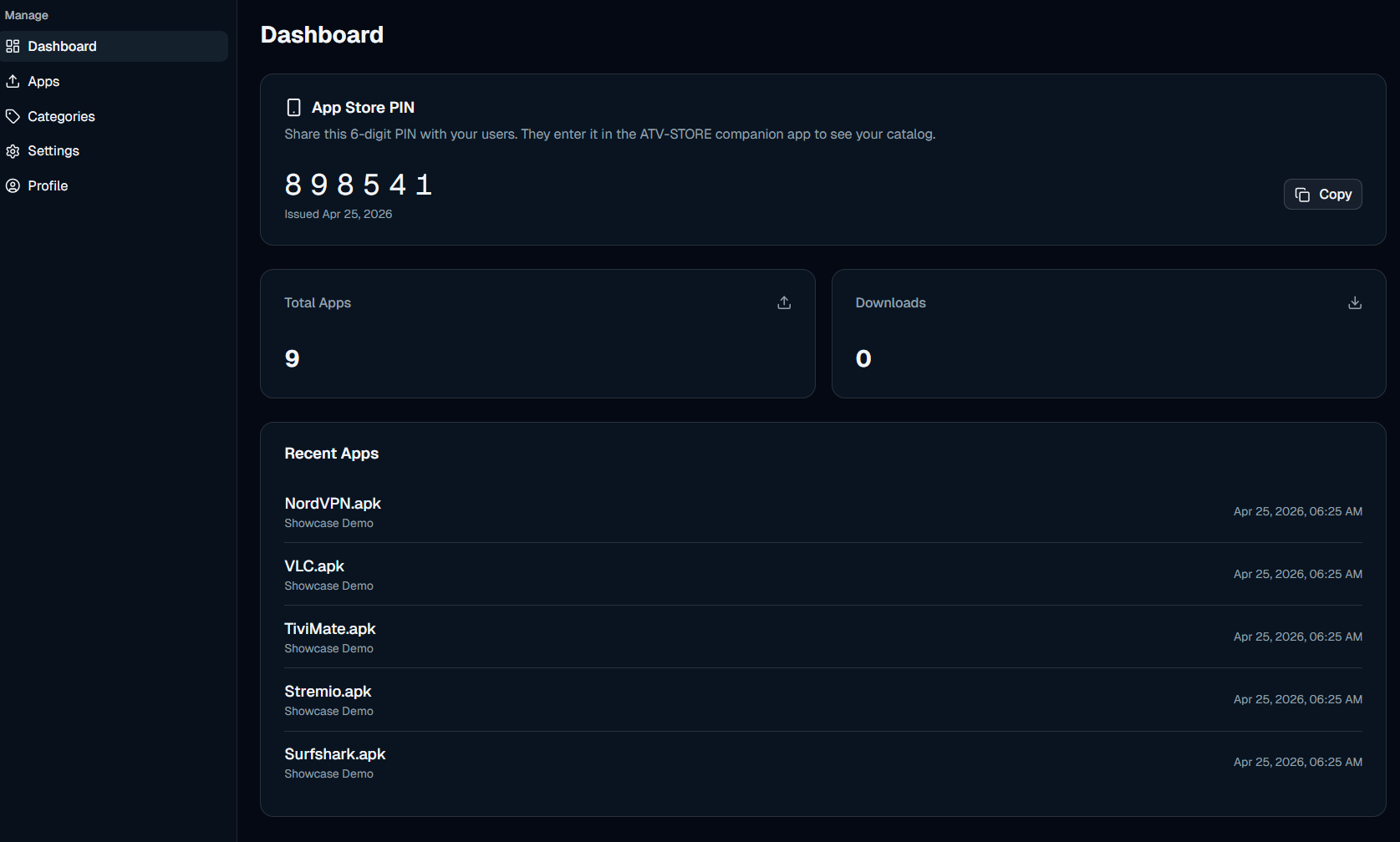 ATV Store dashboard overview showing apps, download counts, and recent activity